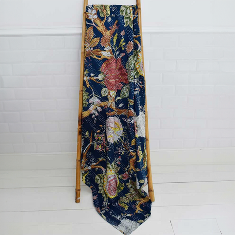 Hand Stitched 'Kantha' Throw 'Blue Carnation' by Powell Craft