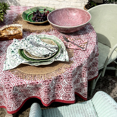 Hand Block Printed 'Kamal Rose' Cotton Tablecloth by Bungalow of Denmark